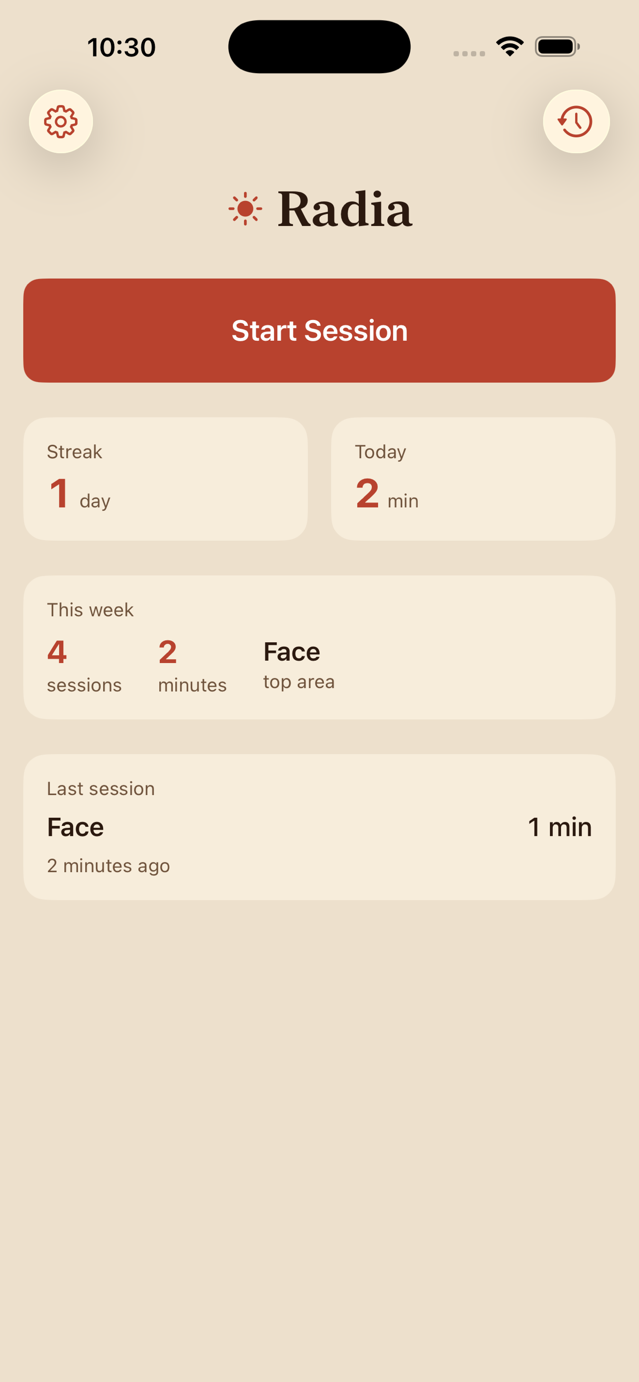 Radia home screen showing a one-day streak, two minutes logged today, a weekly summary card with four sessions and Face as the top body area, and a Last Session card